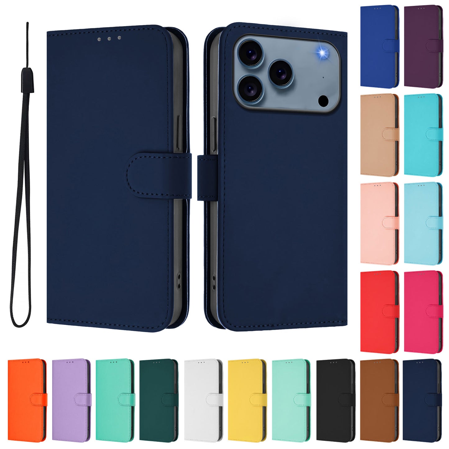 For iPhone 17 Pro Max Case Solid Color Wallet Leather Phone Cover with Strap - Navy Blue