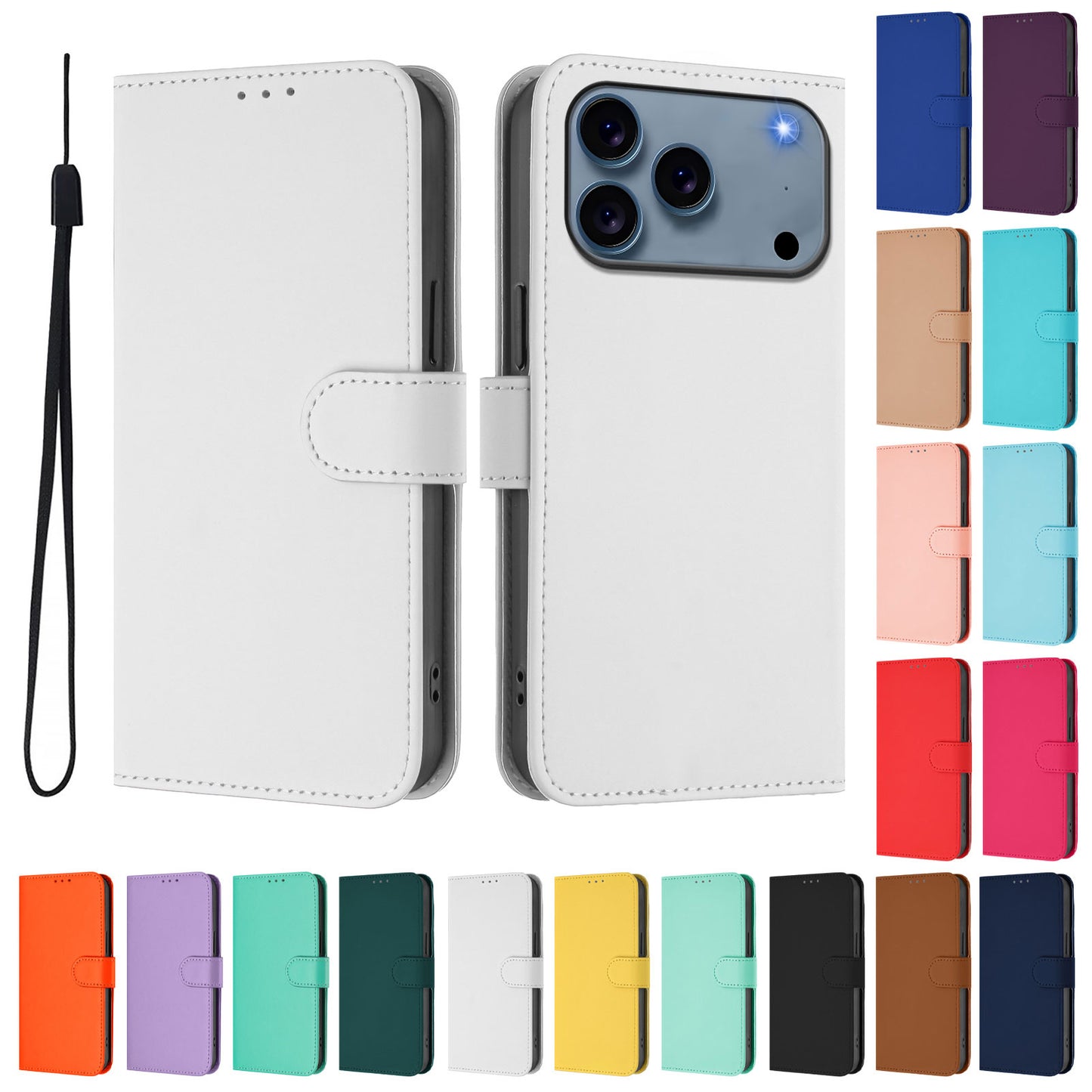 For iPhone 17 Pro Max Case Solid Color Wallet Leather Phone Cover with Strap - White