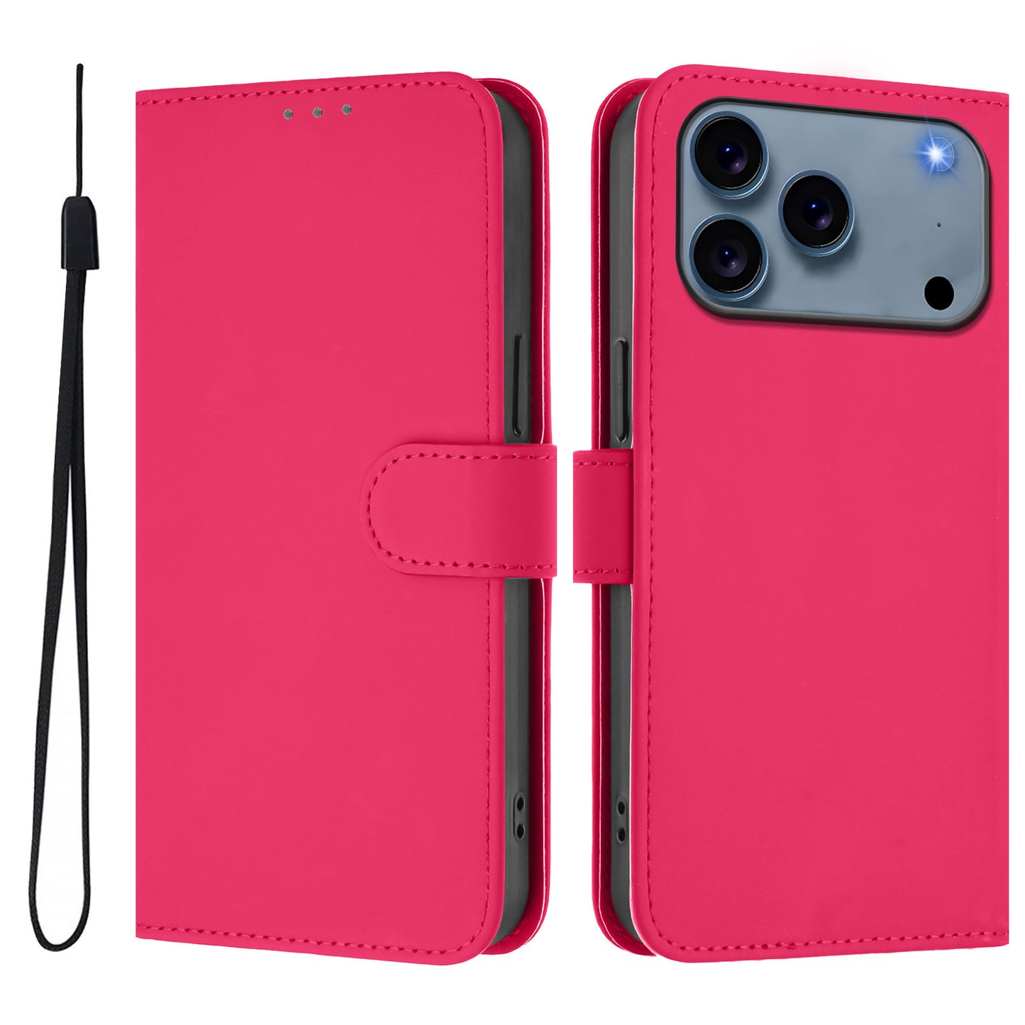 For iPhone 17 Pro Max Case Solid Color Wallet Leather Phone Cover with Strap - Rose Red