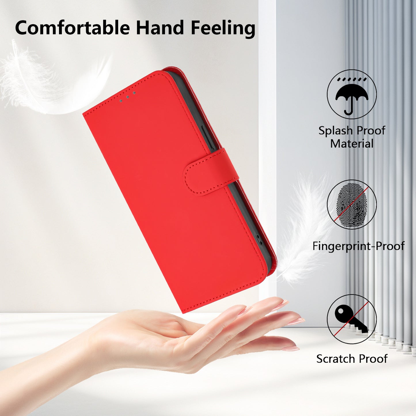 For iPhone 17 Pro Max Case Solid Color Wallet Leather Phone Cover with Strap - Bright Red