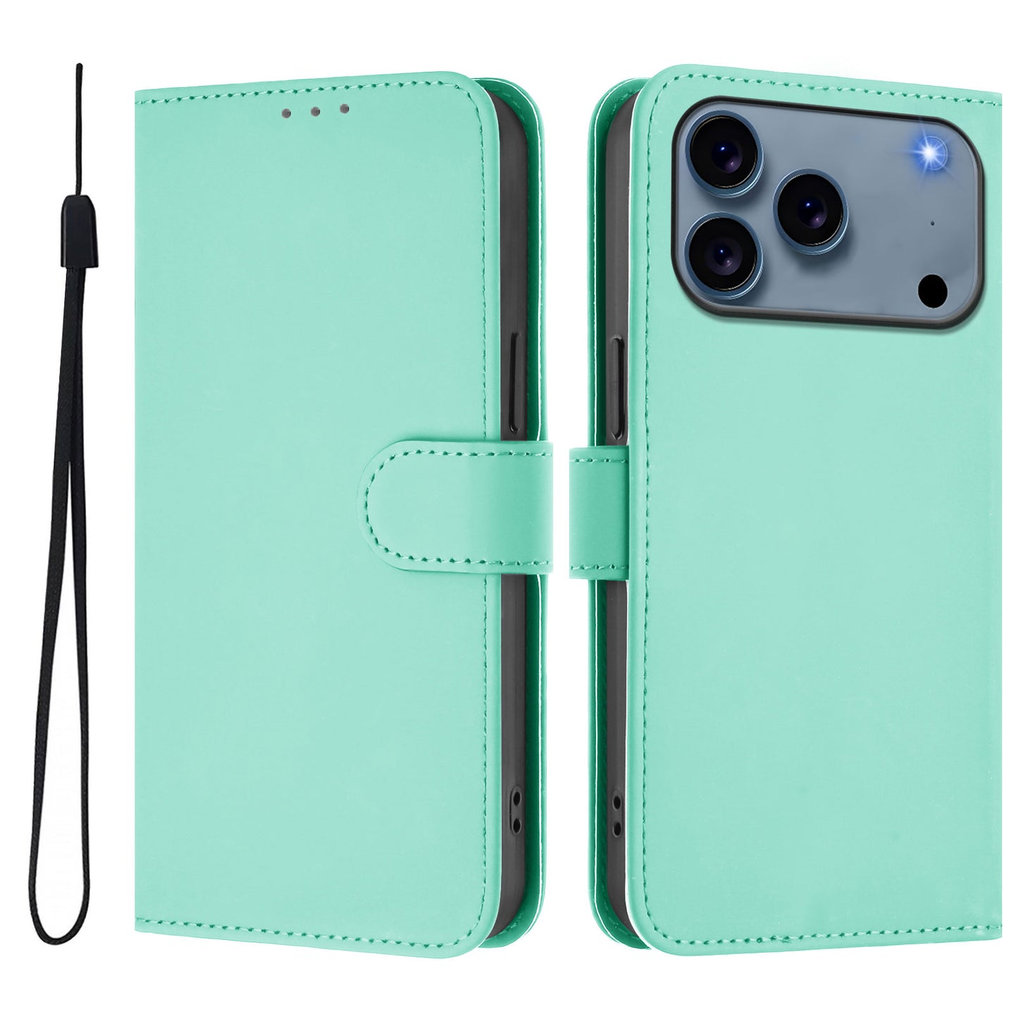 For iPhone 17 Pro Max Case Solid Color Wallet Leather Phone Cover with Strap - Mint Green