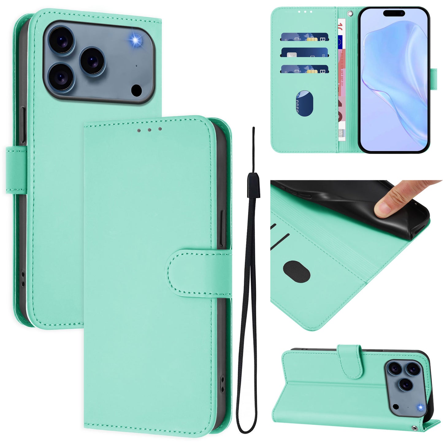 For iPhone 17 Pro Max Case Solid Color Wallet Leather Phone Cover with Strap - Mint Green