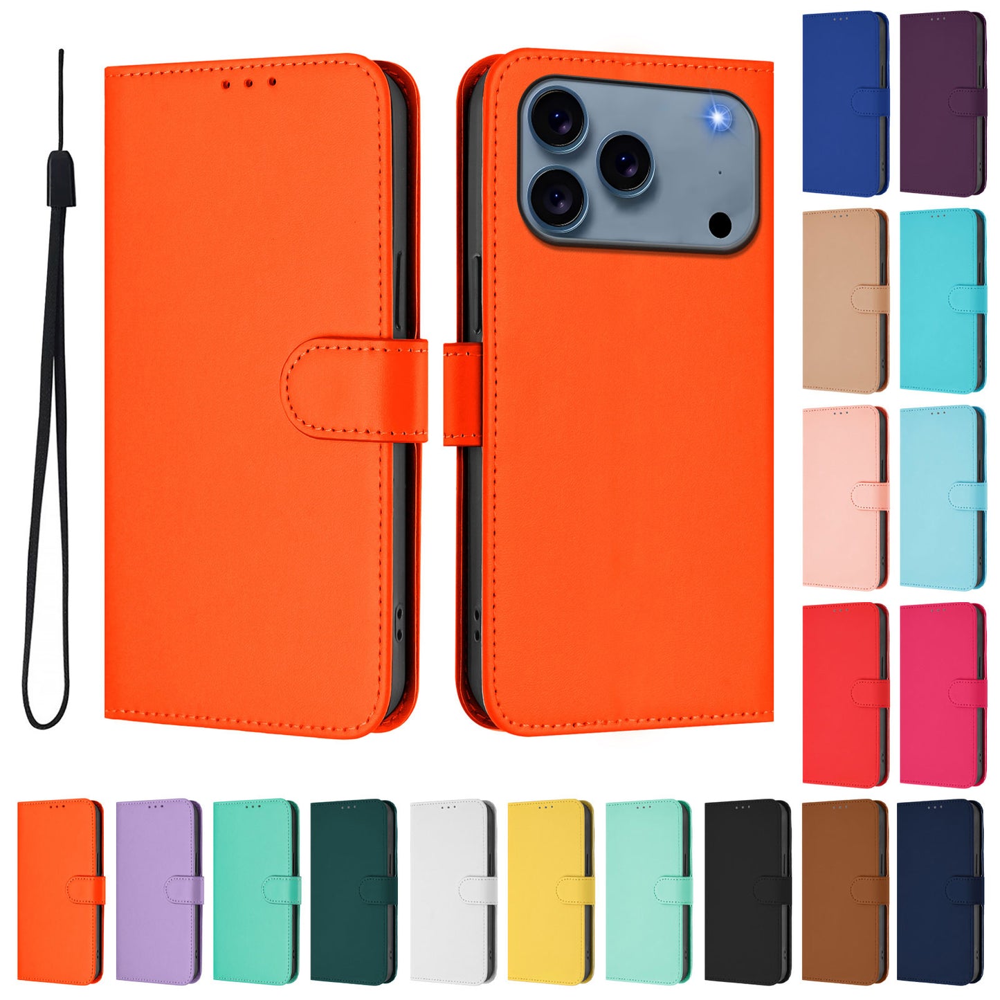For iPhone 17 Pro Max Case Solid Color Wallet Leather Phone Cover with Strap - Orange