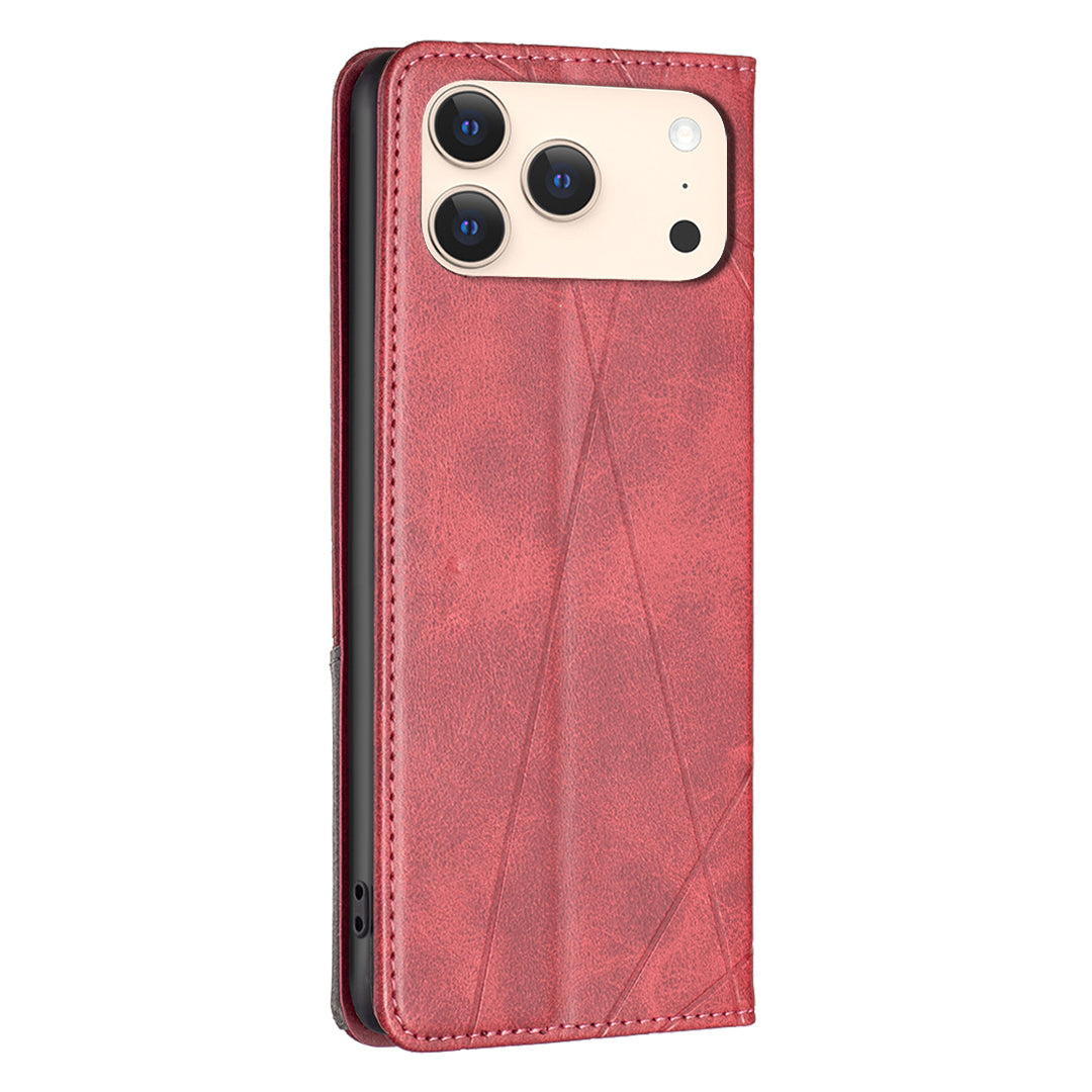 For iPhone 17 Pro Max Case Card Slots Geometry Imprint Leather Phone Cover - Red