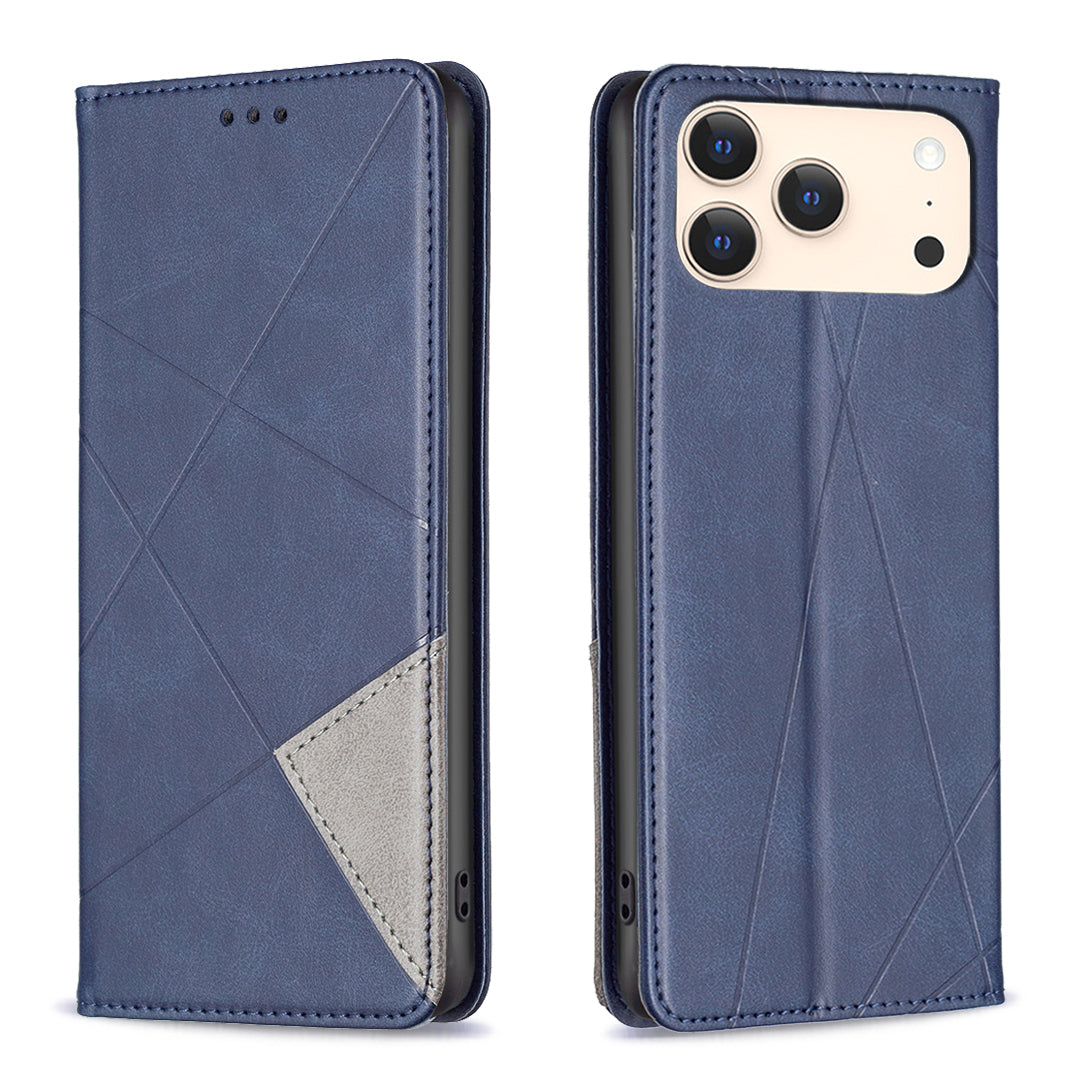 For iPhone 17 Pro Max Case Card Slots Geometry Imprint Leather Phone Cover - Blue