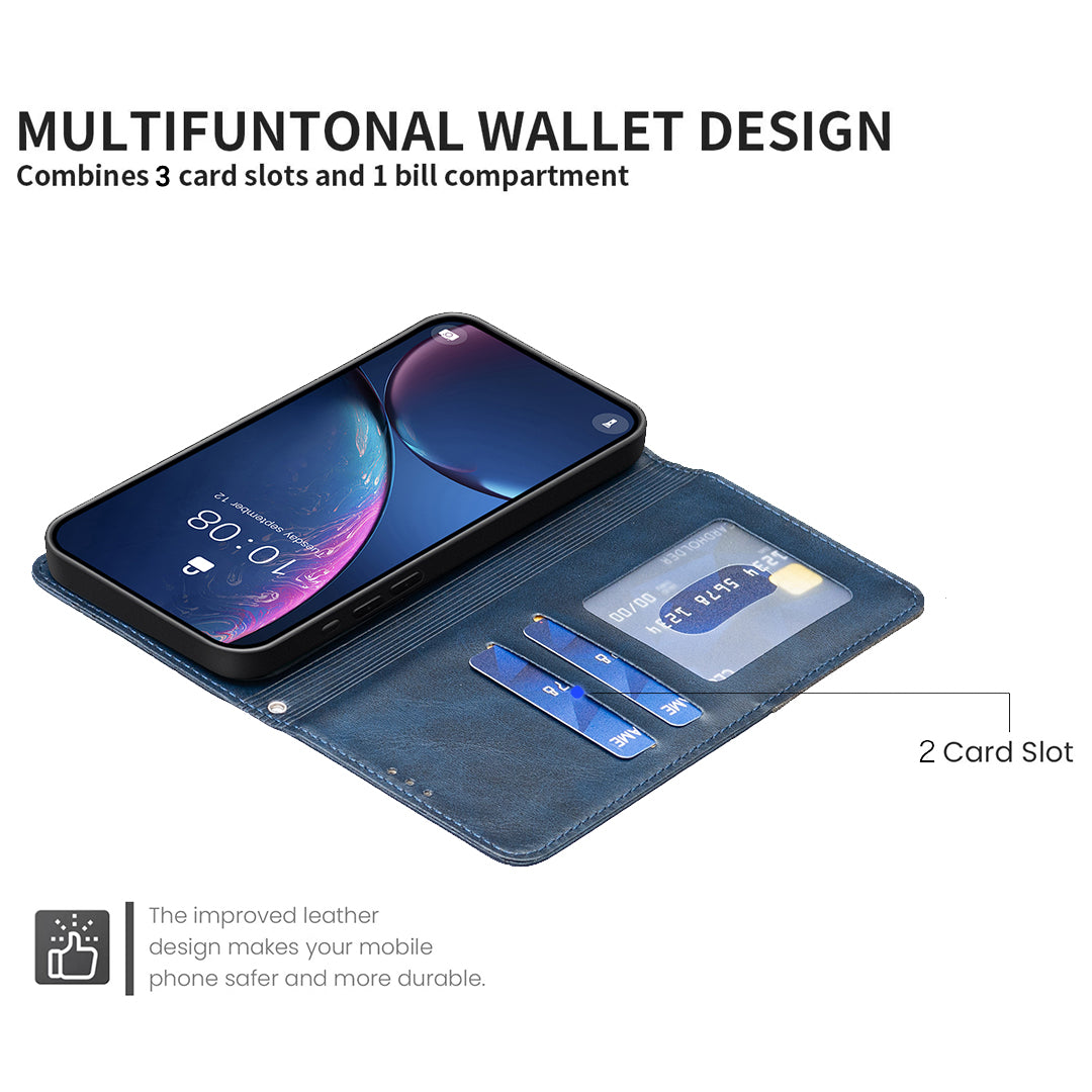 For iPhone 17 Pro Max Case Card Slots Geometry Imprint Leather Phone Cover - Blue