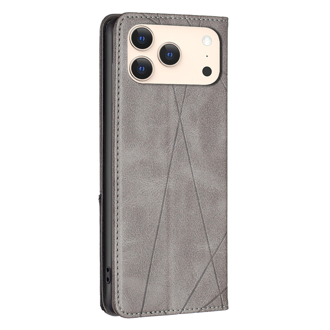 For iPhone 17 Pro Max Case Card Slots Geometry Imprint Leather Phone Cover - Grey
