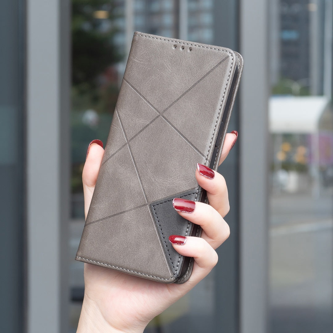 For iPhone 17 Pro Max Case Card Slots Geometry Imprint Leather Phone Cover - Grey