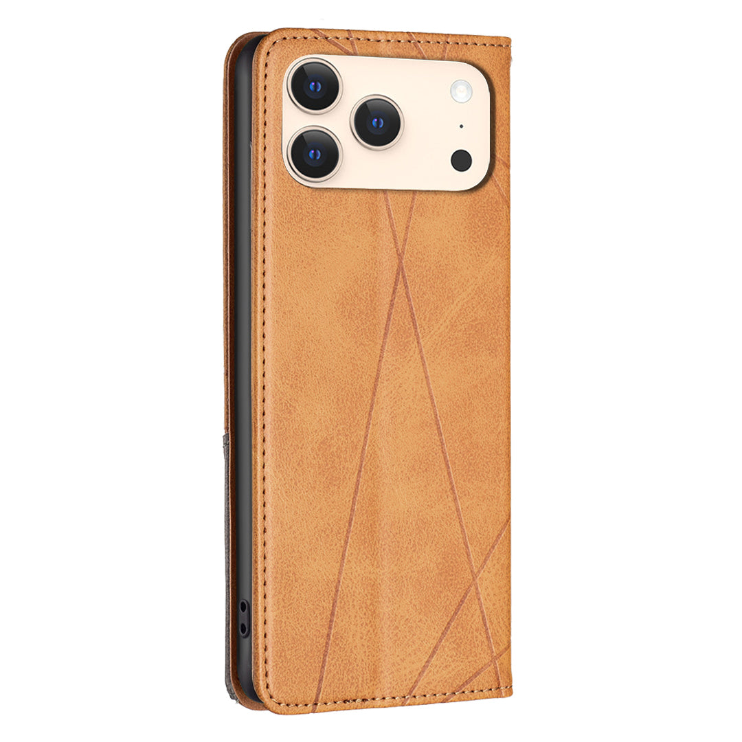 For iPhone 17 Pro Max Case Card Slots Geometry Imprint Leather Phone Cover - Yellow