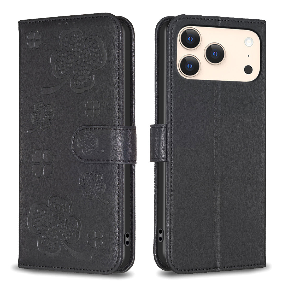 For iPhone 17 Pro Max Case Clover Pattern Wallet Stand View Leather Phone Cover - Black