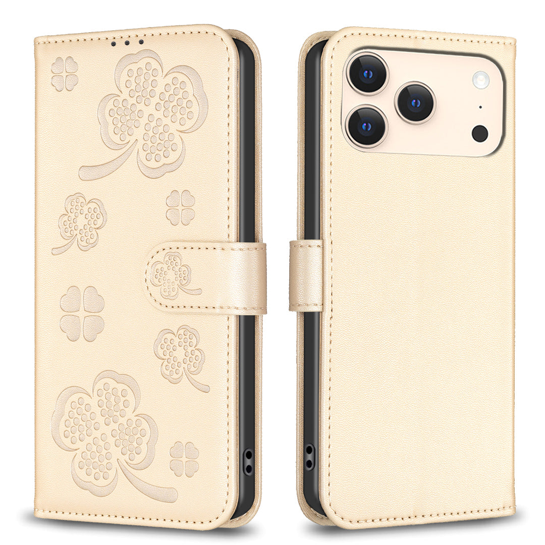 For iPhone 17 Pro Max Case Clover Pattern Wallet Stand View Leather Phone Cover - Gold