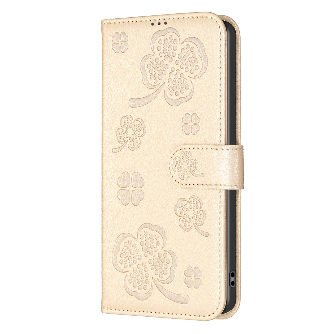 For iPhone 17 Pro Max Case Clover Pattern Wallet Stand View Leather Phone Cover - Gold