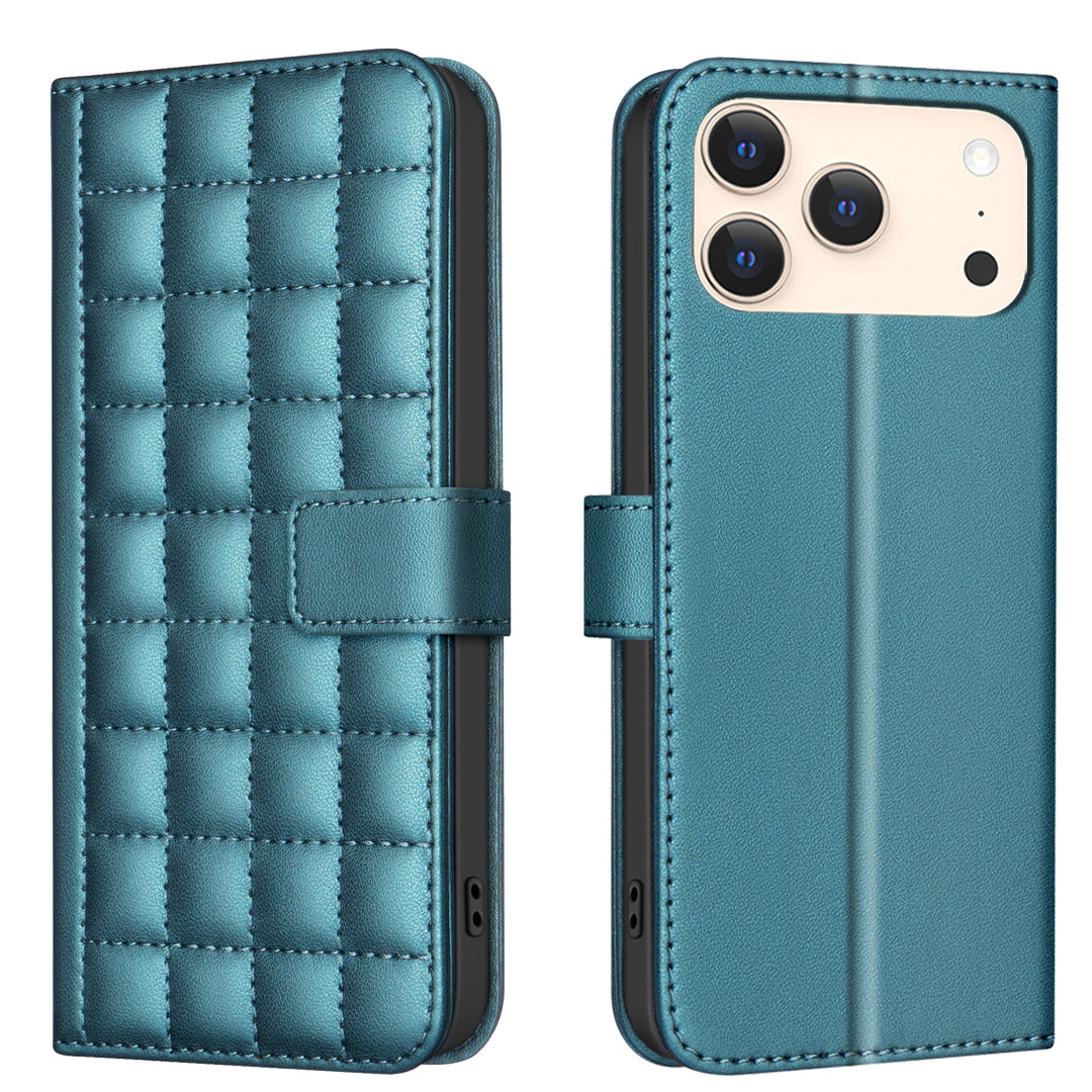 For iPhone 17 Pro Max Leather Case BINFEN COLOR Square Grid Wallet Stand Phone Cover - Blue