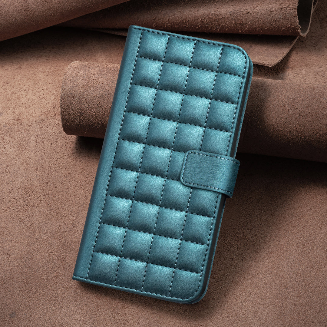For iPhone 17 Pro Max Leather Case BINFEN COLOR Square Grid Wallet Stand Phone Cover - Blue