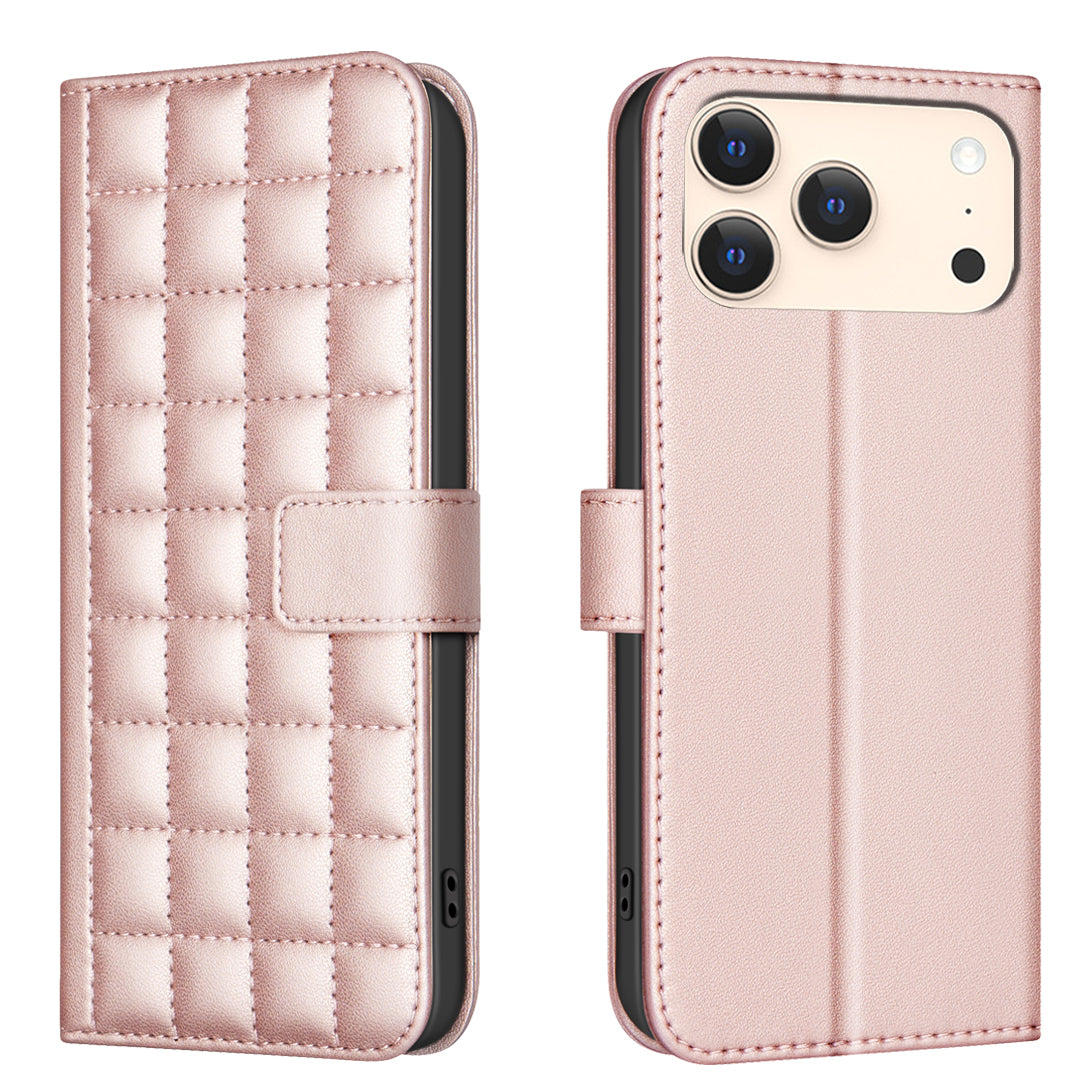 For iPhone 17 Pro Max Leather Case BINFEN COLOR Square Grid Wallet Stand Phone Cover - Rose Gold