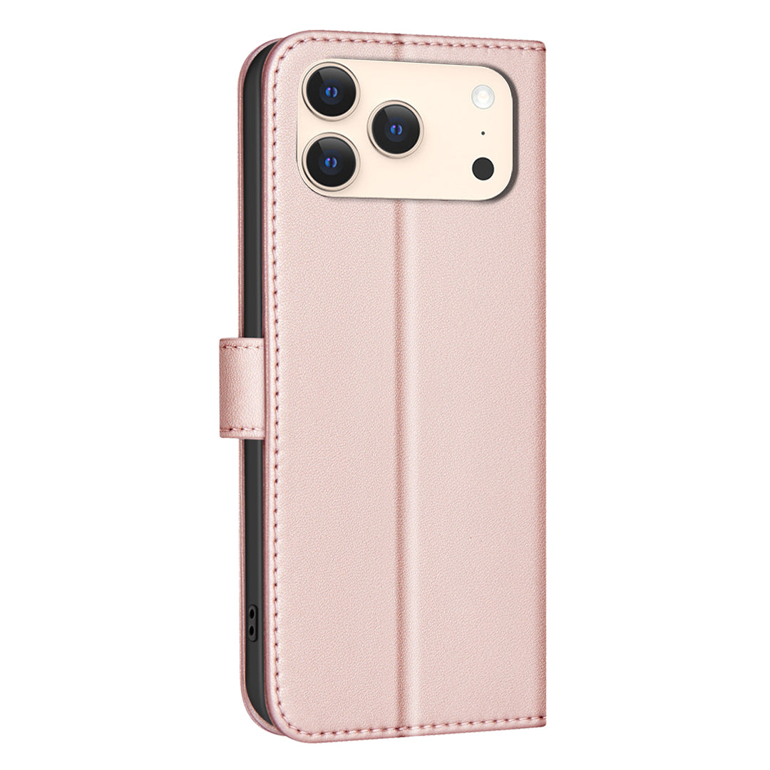 For iPhone 17 Pro Max Leather Case BINFEN COLOR Square Grid Wallet Stand Phone Cover - Rose Gold