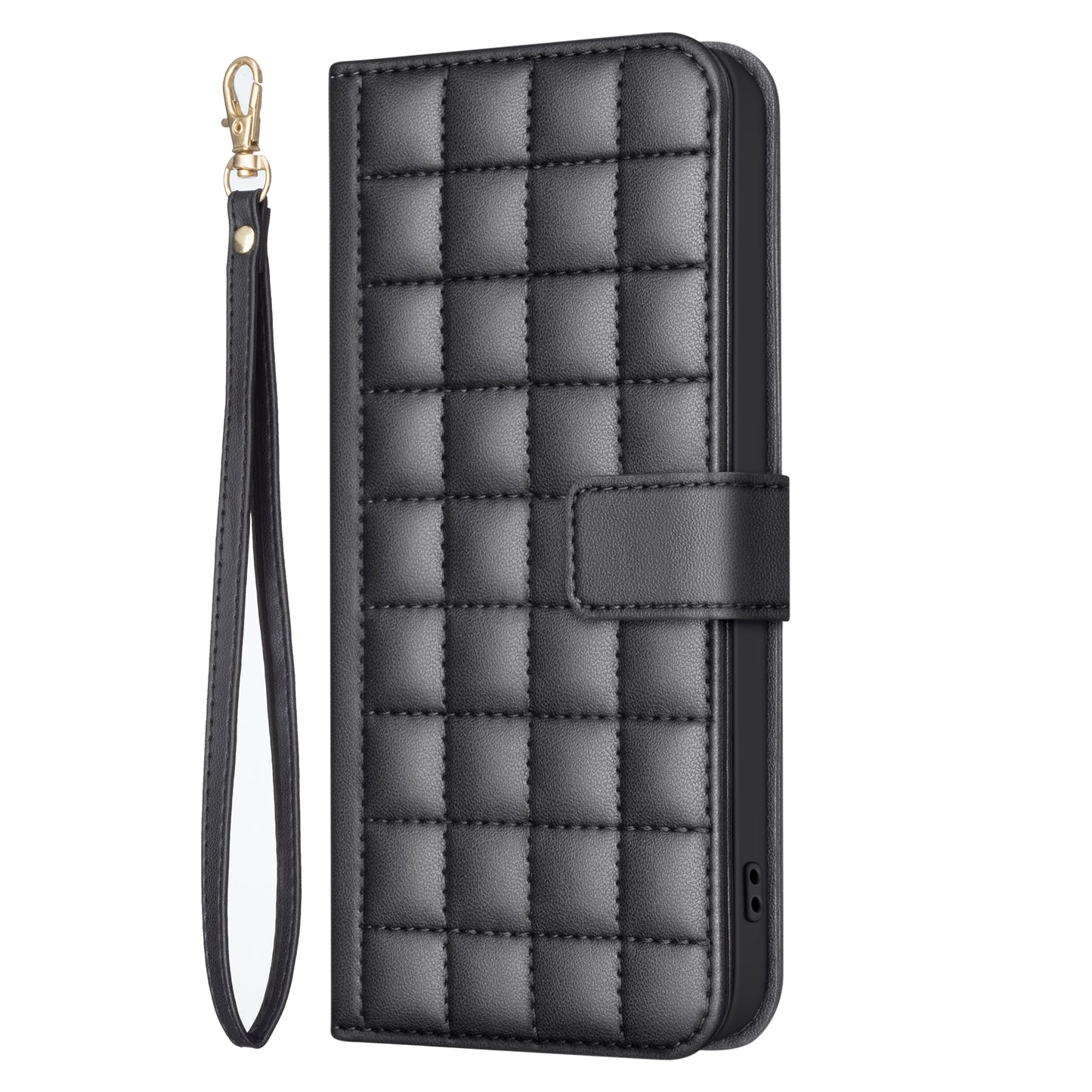 For iPhone 17 Pro Max Leather Case BINFEN COLOR Square Grid Wallet Stand Phone Cover - Black