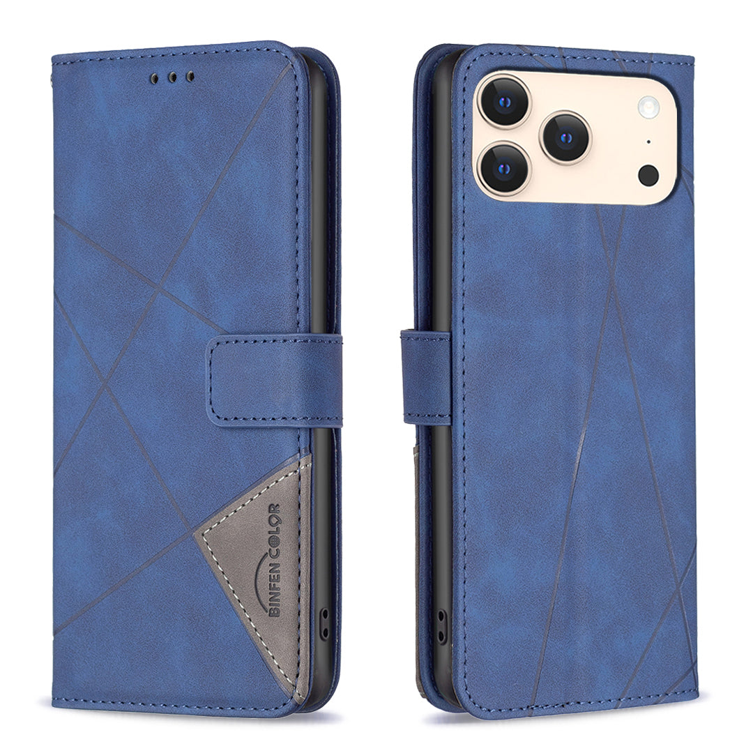 For iPhone 17 Pro Max Phone Case BINFEN COLOR Wallet Stand Geometry Imprinted Leather Cover - Blue