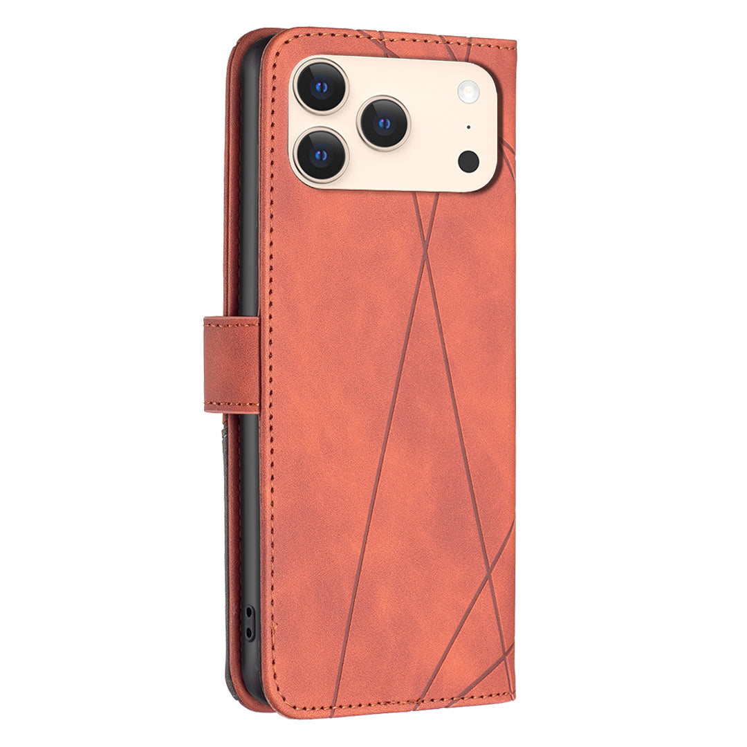For iPhone 17 Pro Max Phone Case BINFEN COLOR Wallet Stand Geometry Imprinted Leather Cover - Brown