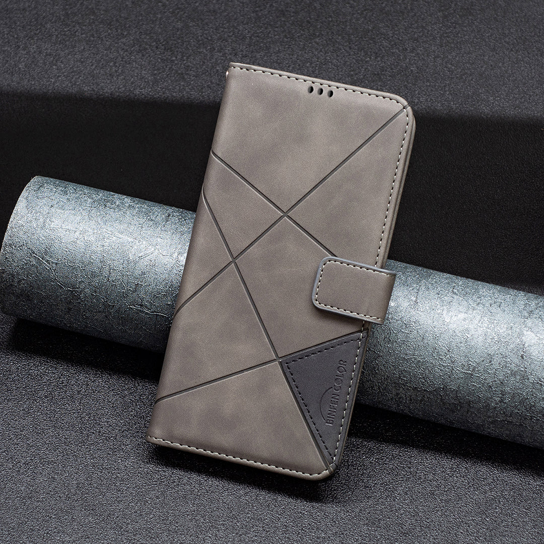 For iPhone 17 Pro Max Phone Case BINFEN COLOR Wallet Stand Geometry Imprinted Leather Cover - Grey