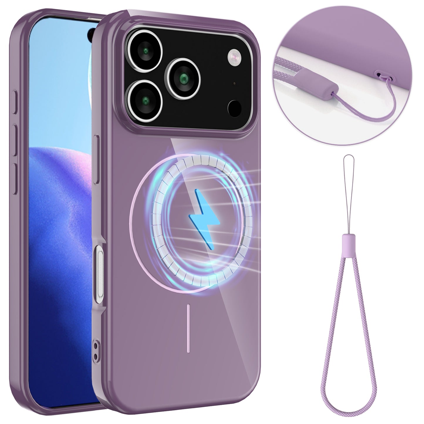 For iPhone 17 Pro Max Magnetic Case Compatible with MagSafe TPU Phone Back Cover with Lanyard - Purple