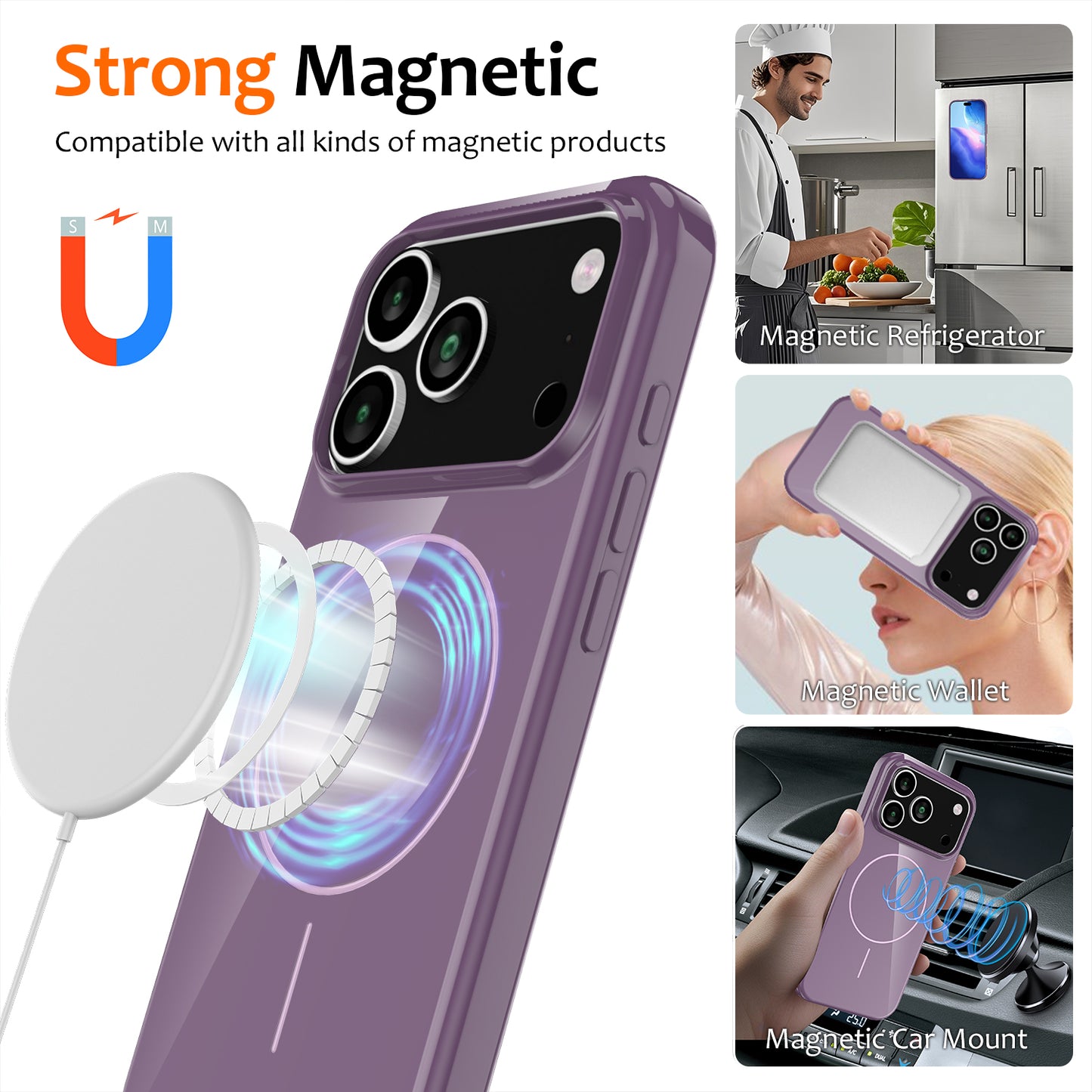 For iPhone 17 Pro Max Magnetic Case Compatible with MagSafe TPU Phone Back Cover with Lanyard - Purple
