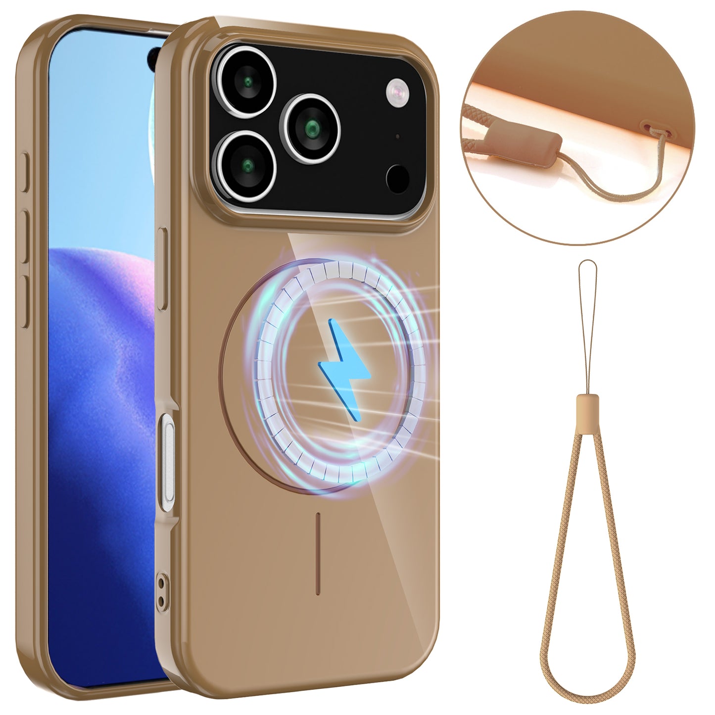 For iPhone 17 Pro Max Magnetic Case Compatible with MagSafe TPU Phone Back Cover with Lanyard - Desert Gold