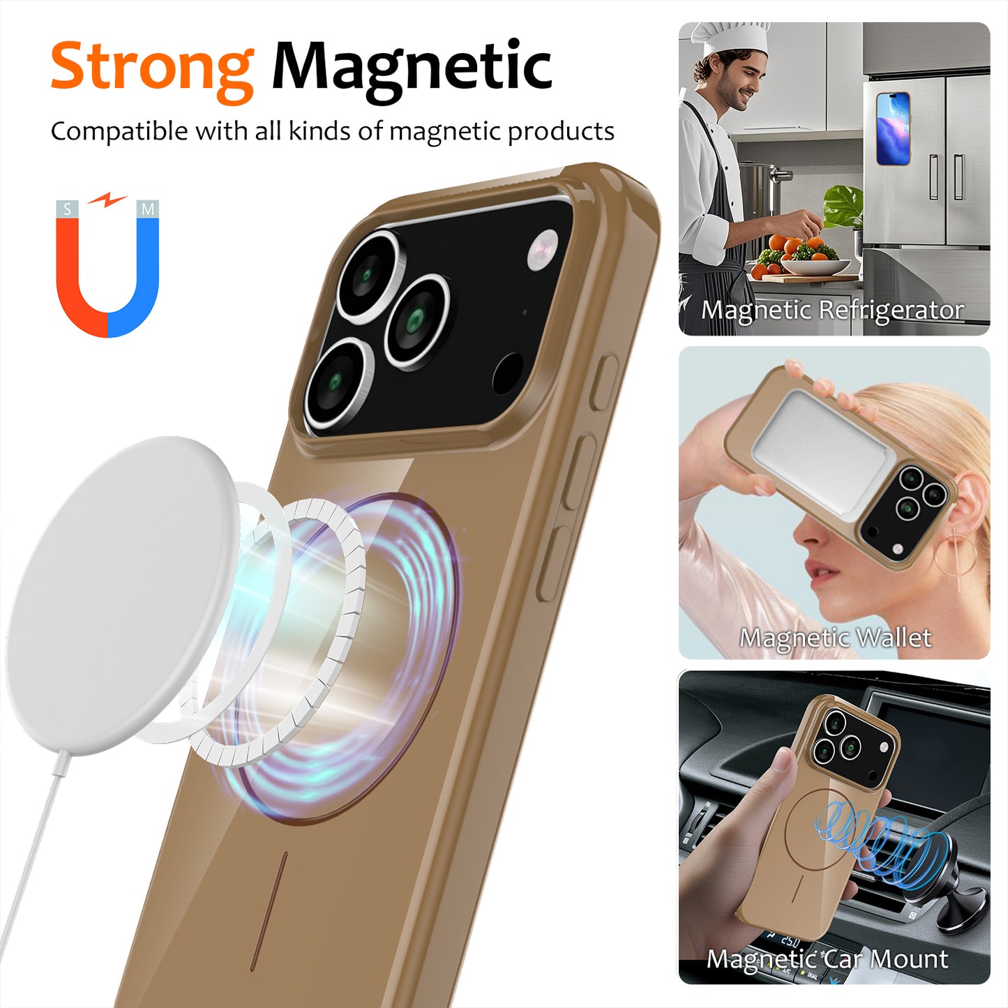 For iPhone 17 Pro Max Magnetic Case Compatible with MagSafe TPU Phone Back Cover with Lanyard - Desert Gold