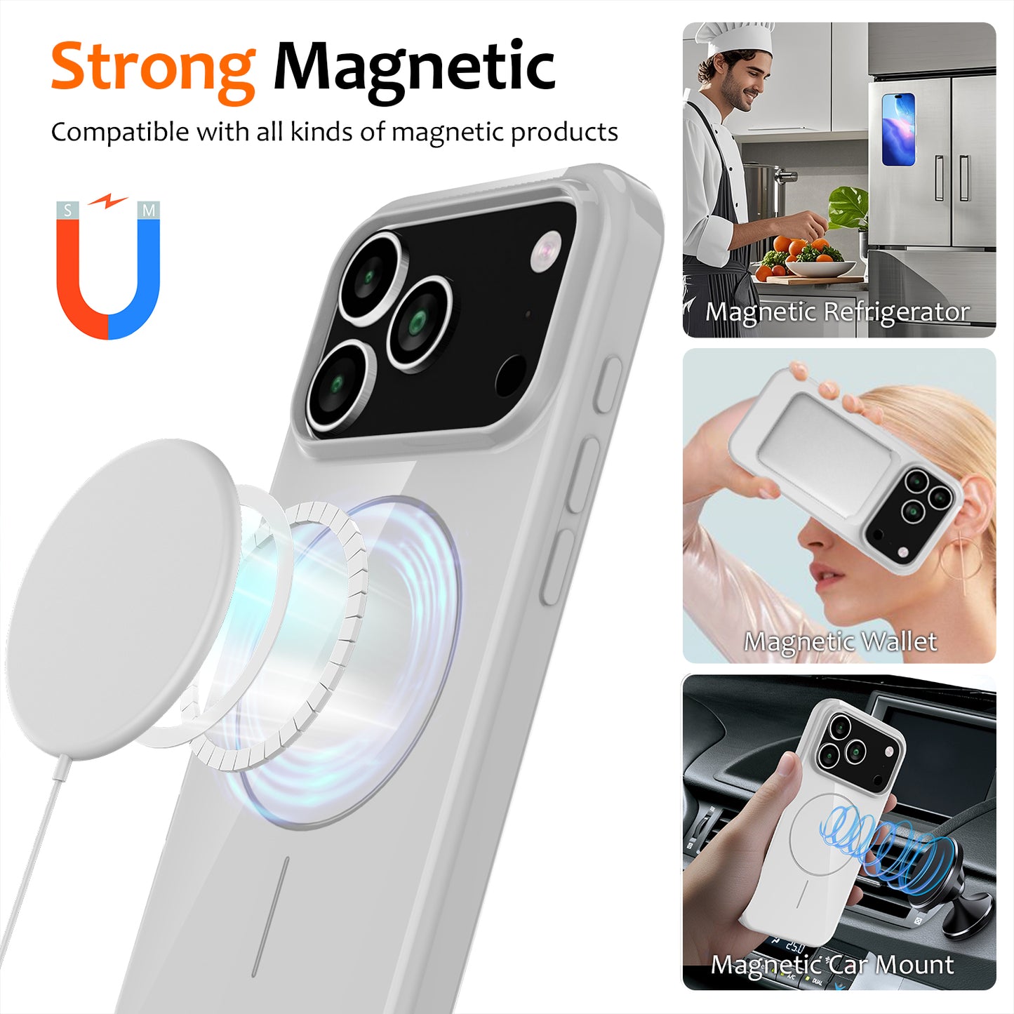 For iPhone 17 Pro Max Magnetic Case Compatible with MagSafe TPU Phone Back Cover with Lanyard - White