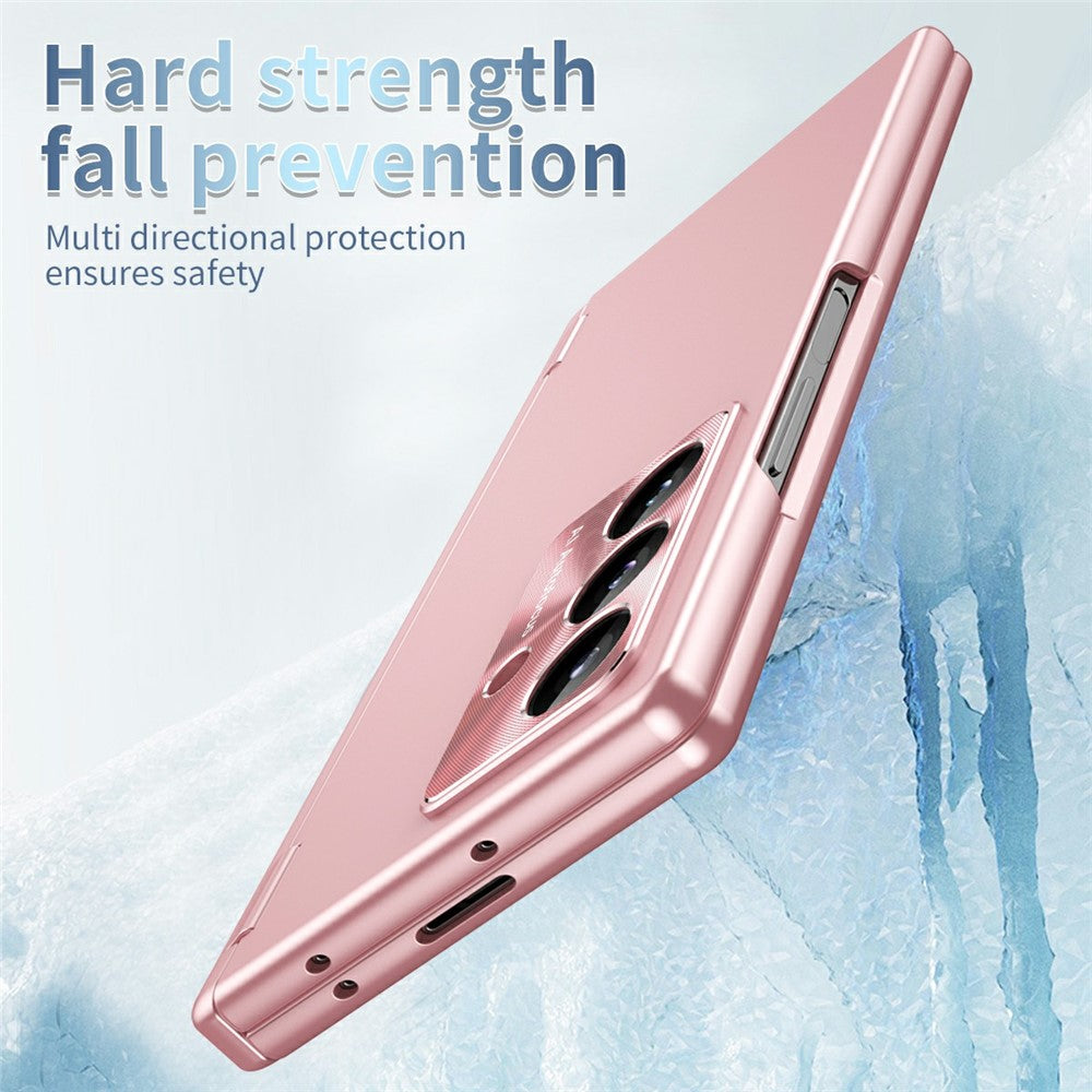 For Samsung Galaxy Z Fold7 5G Case Dual Hinge Electroplated PC Phone Cover with Tempered Glass Film / Stylus - Pink