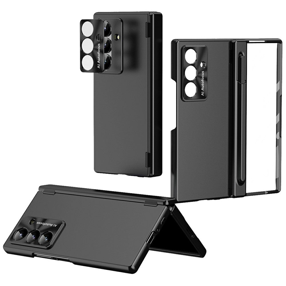 For Samsung Galaxy Z Fold7 5G Case Dual Hinge Electroplated PC Phone Cover with Tempered Glass Film / Stylus - Black