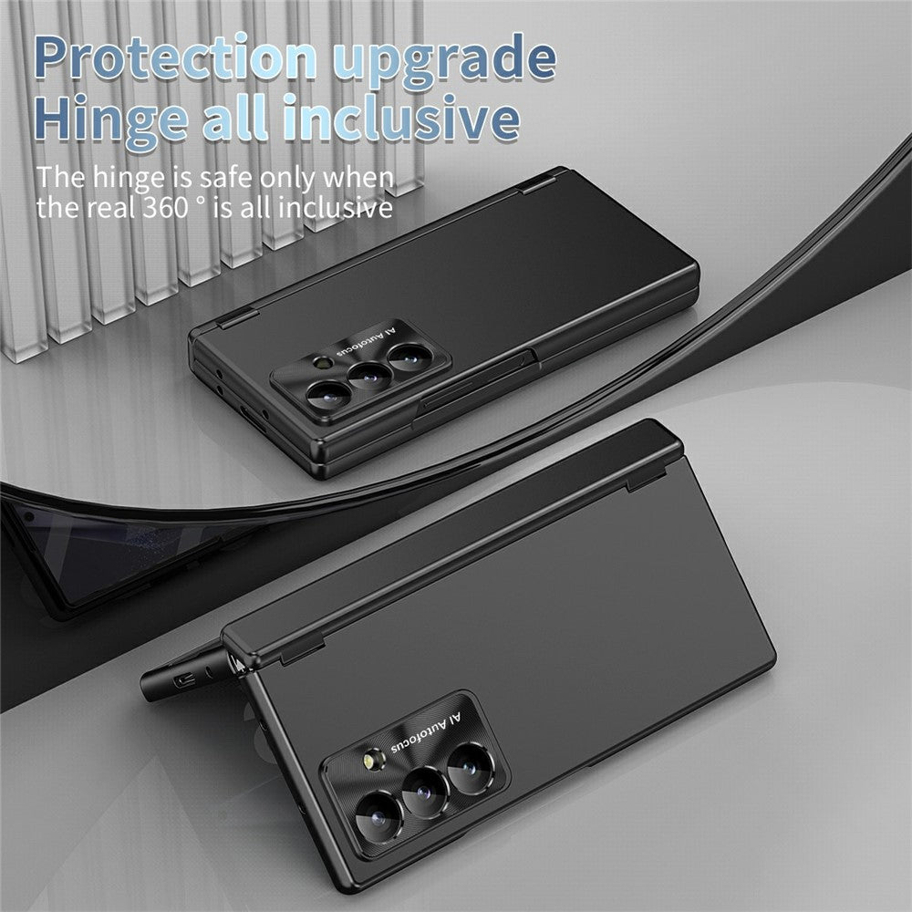 For Samsung Galaxy Z Fold7 5G Case Dual Hinge Electroplated PC Phone Cover with Tempered Glass Film / Stylus - Black