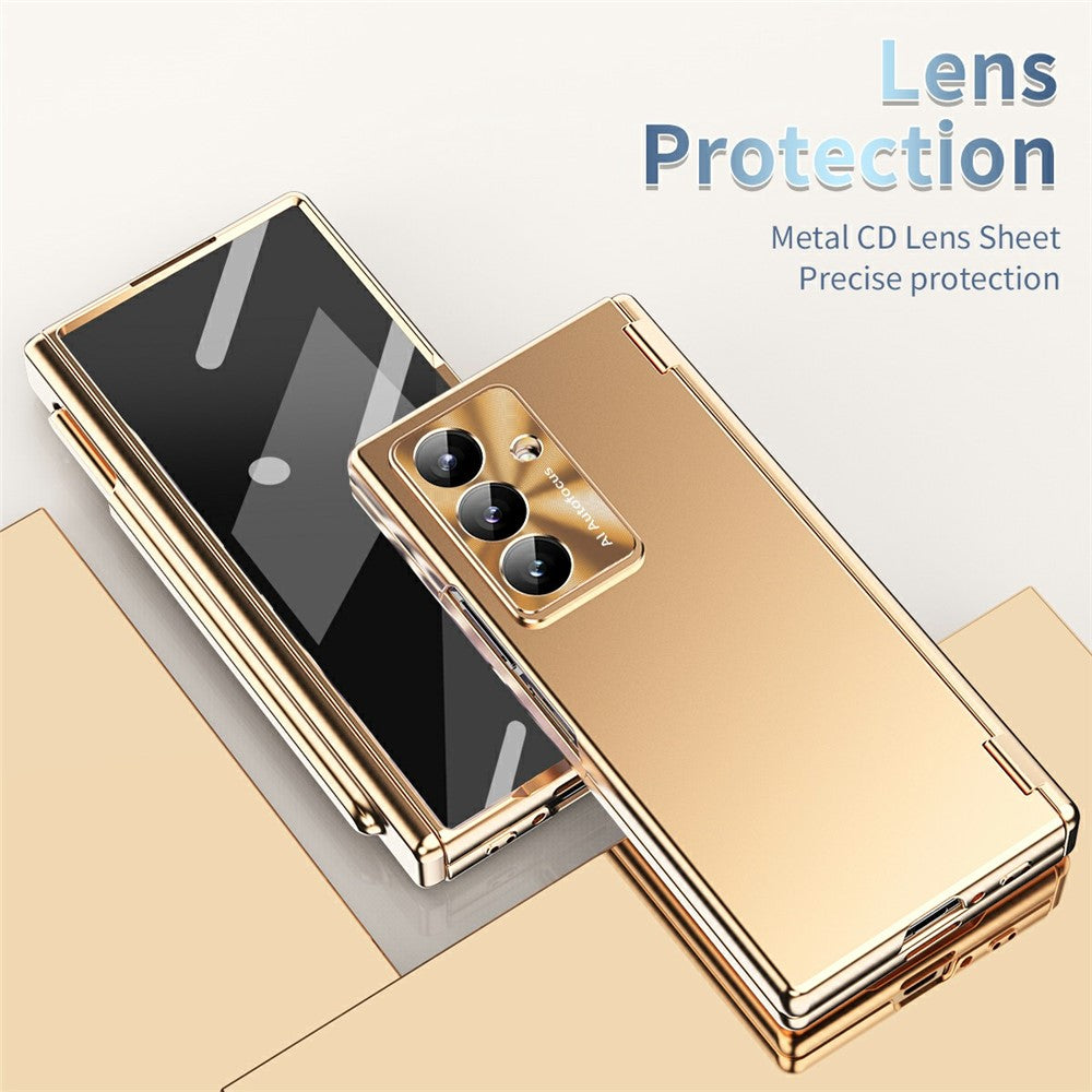 For Samsung Galaxy Z Fold7 5G Case Dual Hinge Electroplated PC Phone Cover with Tempered Glass Film / Stylus - Gold
