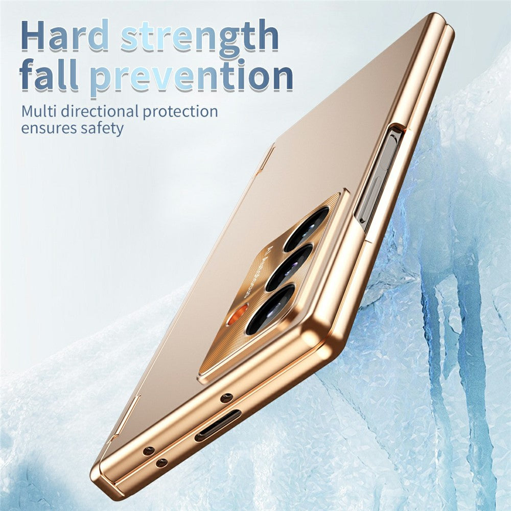 For Samsung Galaxy Z Fold7 5G Case Dual Hinge Electroplated PC Phone Cover with Tempered Glass Film / Stylus - Gold
