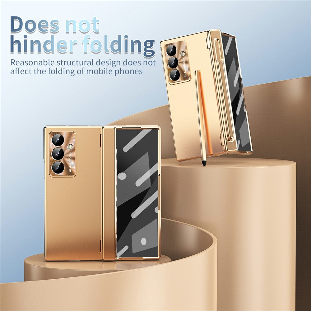 For Samsung Galaxy Z Fold7 5G Case Dual Hinge Electroplated PC Phone Cover with Tempered Glass Film / Stylus - Gold