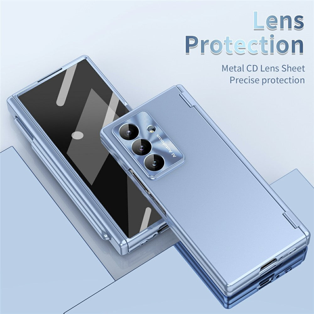 For Samsung Galaxy Z Fold7 5G Case Dual Hinge Electroplated PC Phone Cover with Tempered Glass Film / Stylus - Blue
