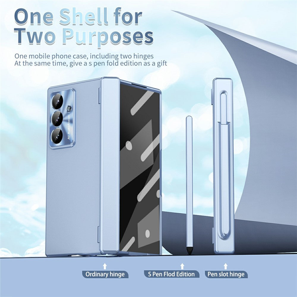 For Samsung Galaxy Z Fold7 5G Case Dual Hinge Electroplated PC Phone Cover with Tempered Glass Film / Stylus - Blue