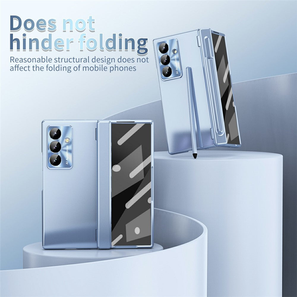 For Samsung Galaxy Z Fold7 5G Case Dual Hinge Electroplated PC Phone Cover with Tempered Glass Film / Stylus - Blue