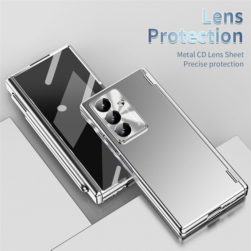 For Samsung Galaxy Z Fold7 5G Case Dual Hinge Electroplated PC Phone Cover with Tempered Glass Film / Stylus - Silver