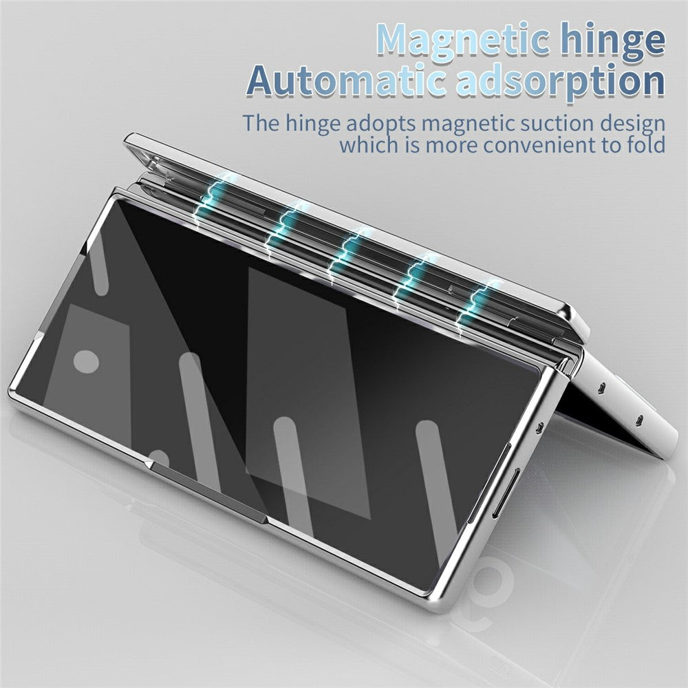 For Samsung Galaxy Z Fold7 5G Case Dual Hinge Electroplated PC Phone Cover with Tempered Glass Film / Stylus - Silver