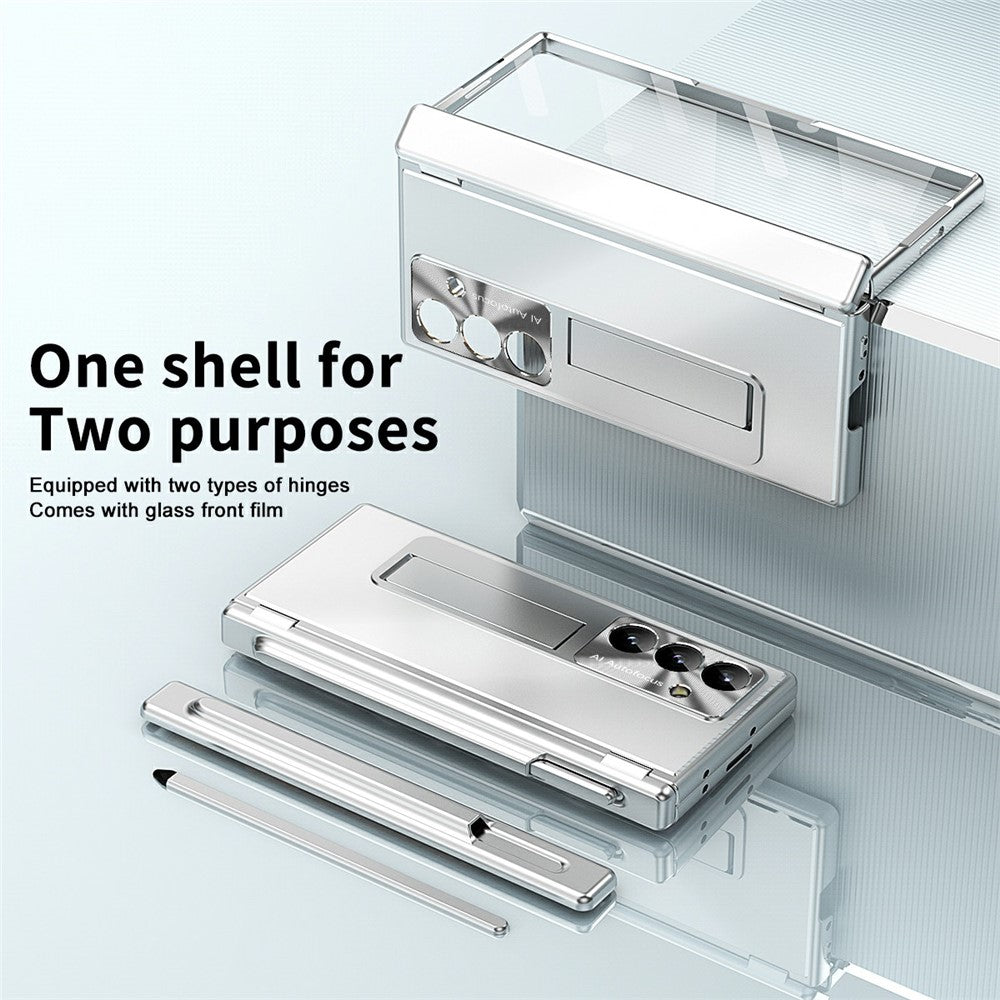 For Samsung Galaxy Z Fold7 5G Case Kickstand Dual Hinge Aluminum Alloy Phone Cover with Tempered Glass Front Film / Stylus - Silver