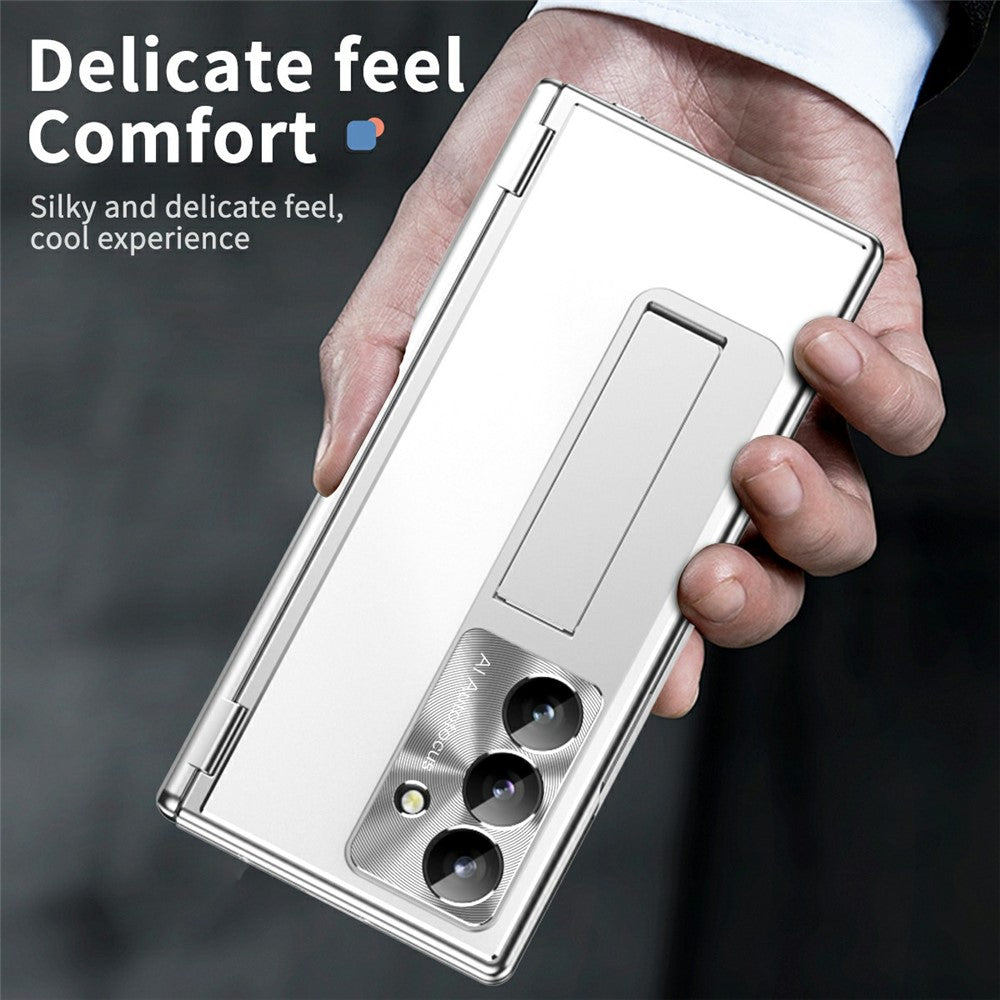 For Samsung Galaxy Z Fold7 5G Case Kickstand Dual Hinge Aluminum Alloy Phone Cover with Tempered Glass Front Film / Stylus - Silver