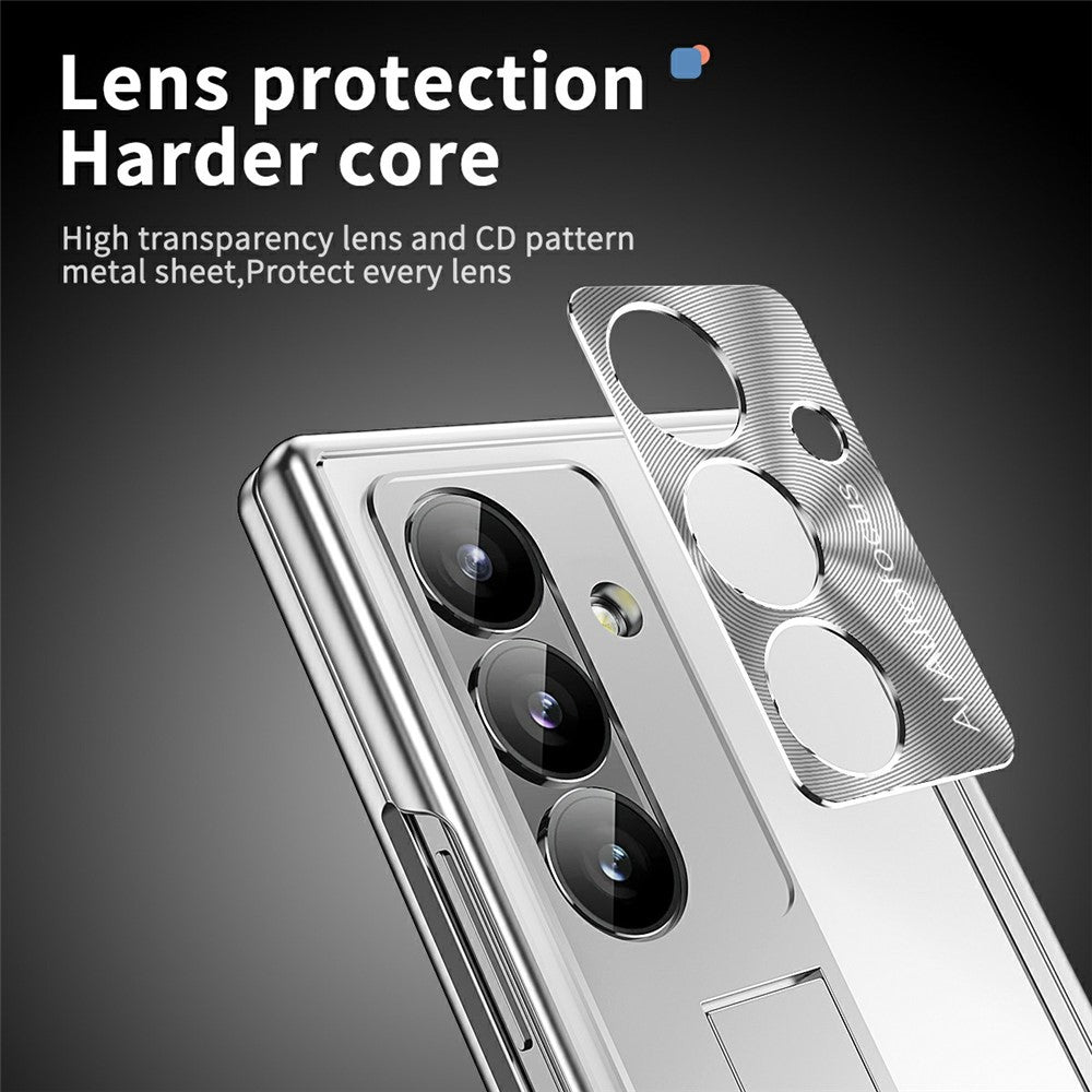 For Samsung Galaxy Z Fold7 5G Case Kickstand Dual Hinge Aluminum Alloy Phone Cover with Tempered Glass Front Film / Stylus - Silver