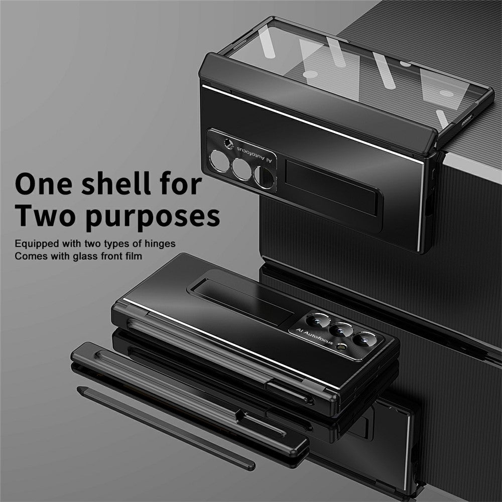 For Samsung Galaxy Z Fold7 5G Case Kickstand Dual Hinge Aluminum Alloy Phone Cover with Tempered Glass Front Film / Stylus - Black
