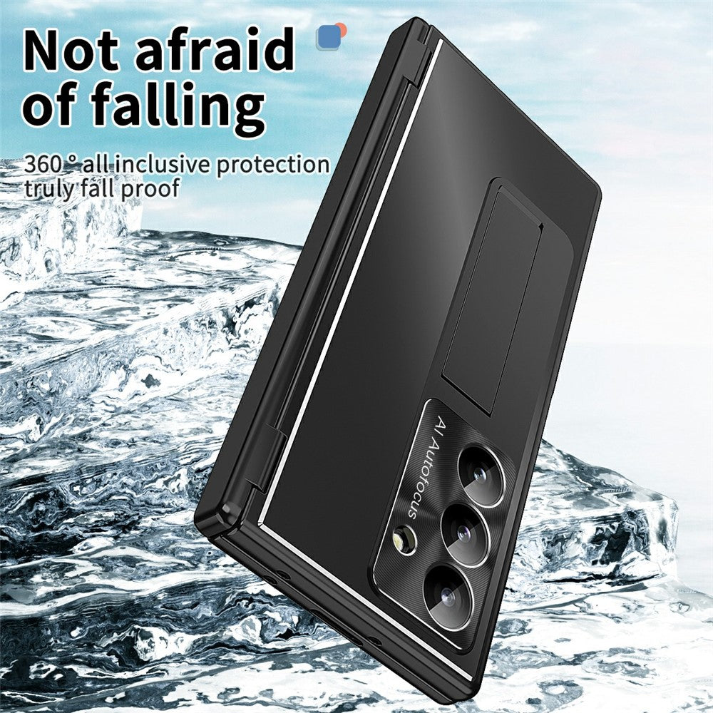For Samsung Galaxy Z Fold7 5G Case Kickstand Dual Hinge Aluminum Alloy Phone Cover with Tempered Glass Front Film / Stylus - Black