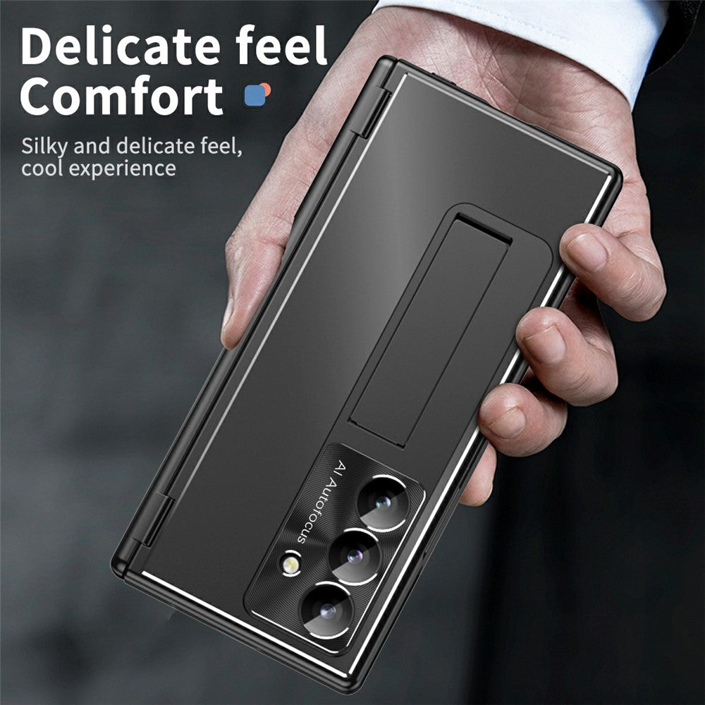 For Samsung Galaxy Z Fold7 5G Case Kickstand Dual Hinge Aluminum Alloy Phone Cover with Tempered Glass Front Film / Stylus - Black