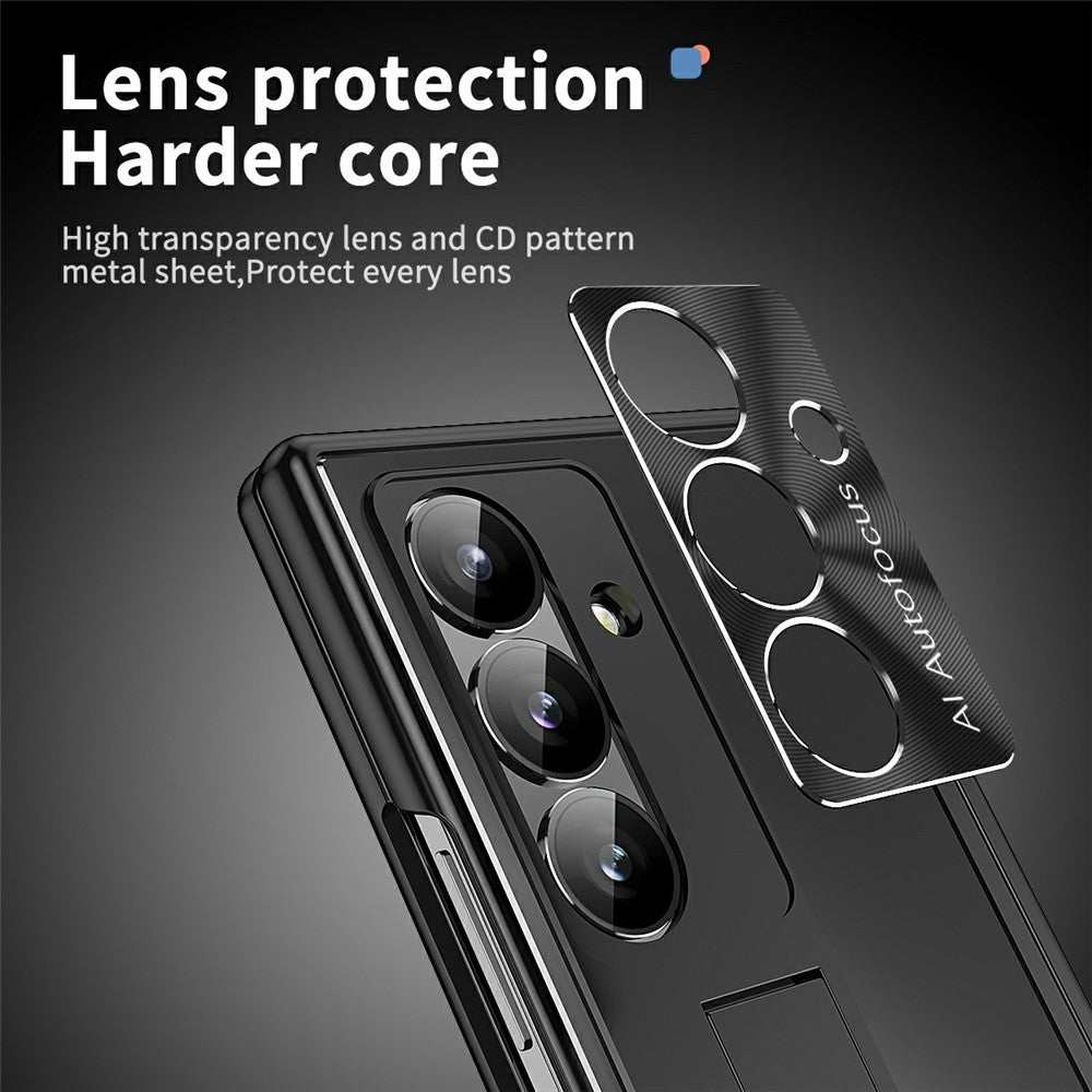 For Samsung Galaxy Z Fold7 5G Case Kickstand Dual Hinge Aluminum Alloy Phone Cover with Tempered Glass Front Film / Stylus - Black