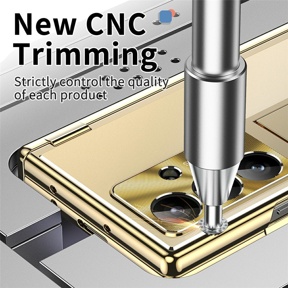 For Samsung Galaxy Z Fold7 5G Case Kickstand Dual Hinge Aluminum Alloy Phone Cover with Tempered Glass Front Film / Stylus - Gold