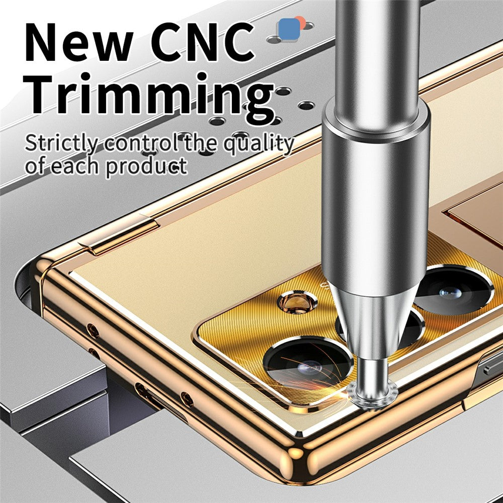 For Samsung Galaxy Z Fold7 5G Case Kickstand Dual Hinge Aluminum Alloy Phone Cover with Tempered Glass Front Film / Stylus - Gold + Gold