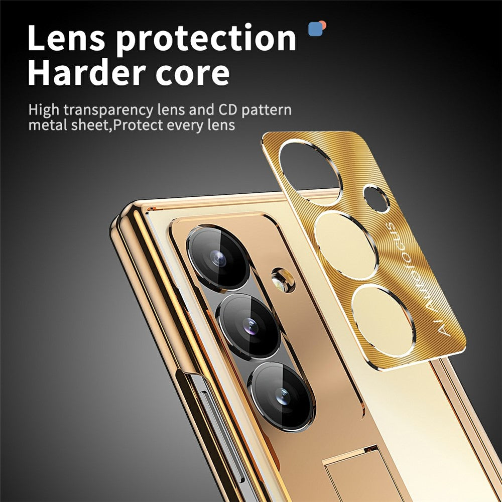 For Samsung Galaxy Z Fold7 5G Case Kickstand Dual Hinge Aluminum Alloy Phone Cover with Tempered Glass Front Film / Stylus - Gold + Gold